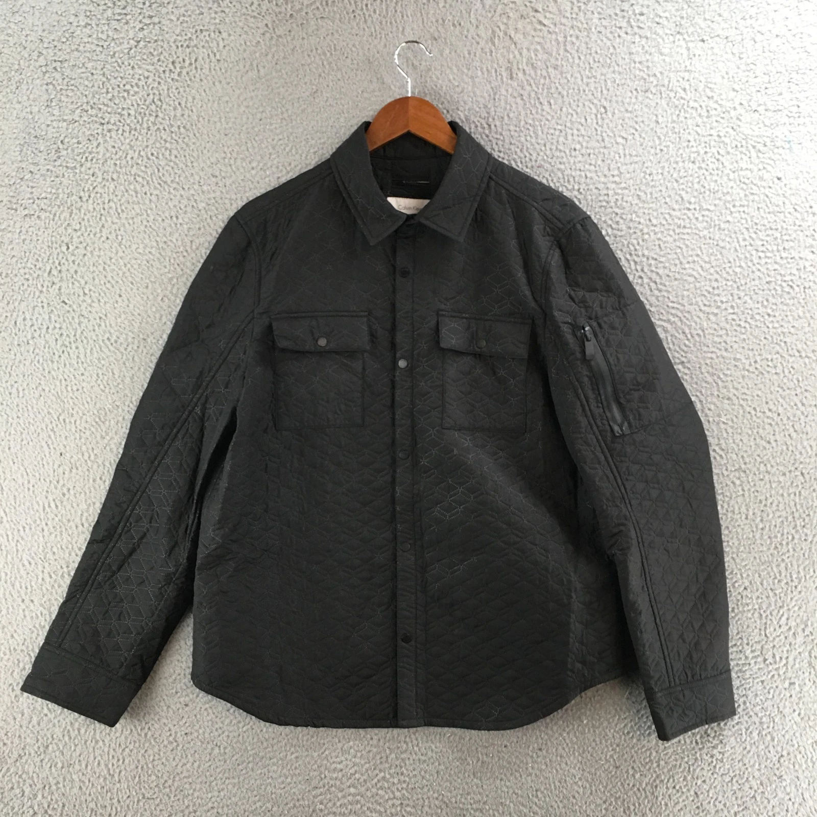 Calvin Klein Jacket Mens Large Quilted Snap Front Long Sleeve Collared Black