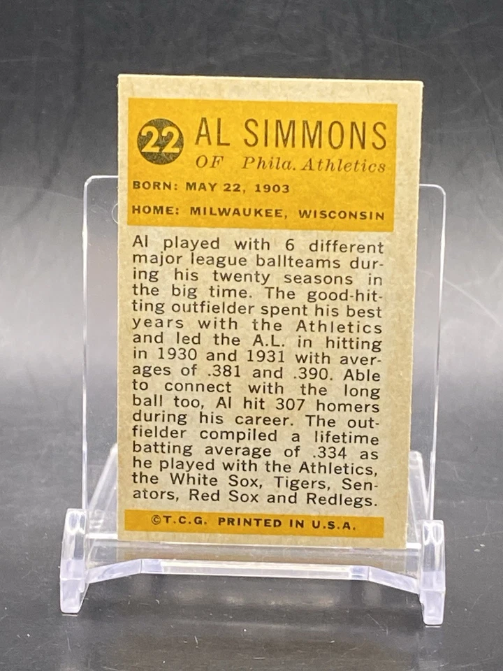 1963 Topps Bazooka #22 Al Simmons HOF All-Time Greats Philadelphia Athletics - Image 2 of 2
