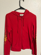 jr-s.com Women's Red Full Zip Hoodie Flame Graphic Sleeve Pockets Size L