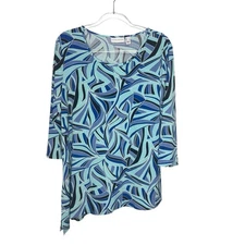 SUSAN GRAVER Size L Asymmetric Liquid Knit Tunic Top Geometric Blue3/4 Sleeves