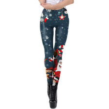 Santa Christmas Leggings Women  s High Waist Stretch Holiday Pants Dark Blue Prin