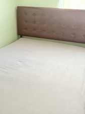 4FT6 Double Bed Frame Metal Platform Bed with Faux Leather, Elegant Brown .