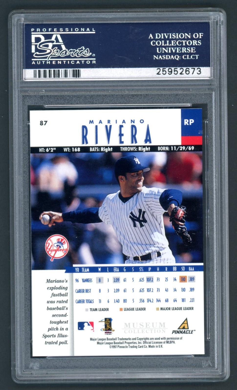 1997 New Pinnacle Mariano Rivera Museum Collection #87 PSA 8 Yankees view 2