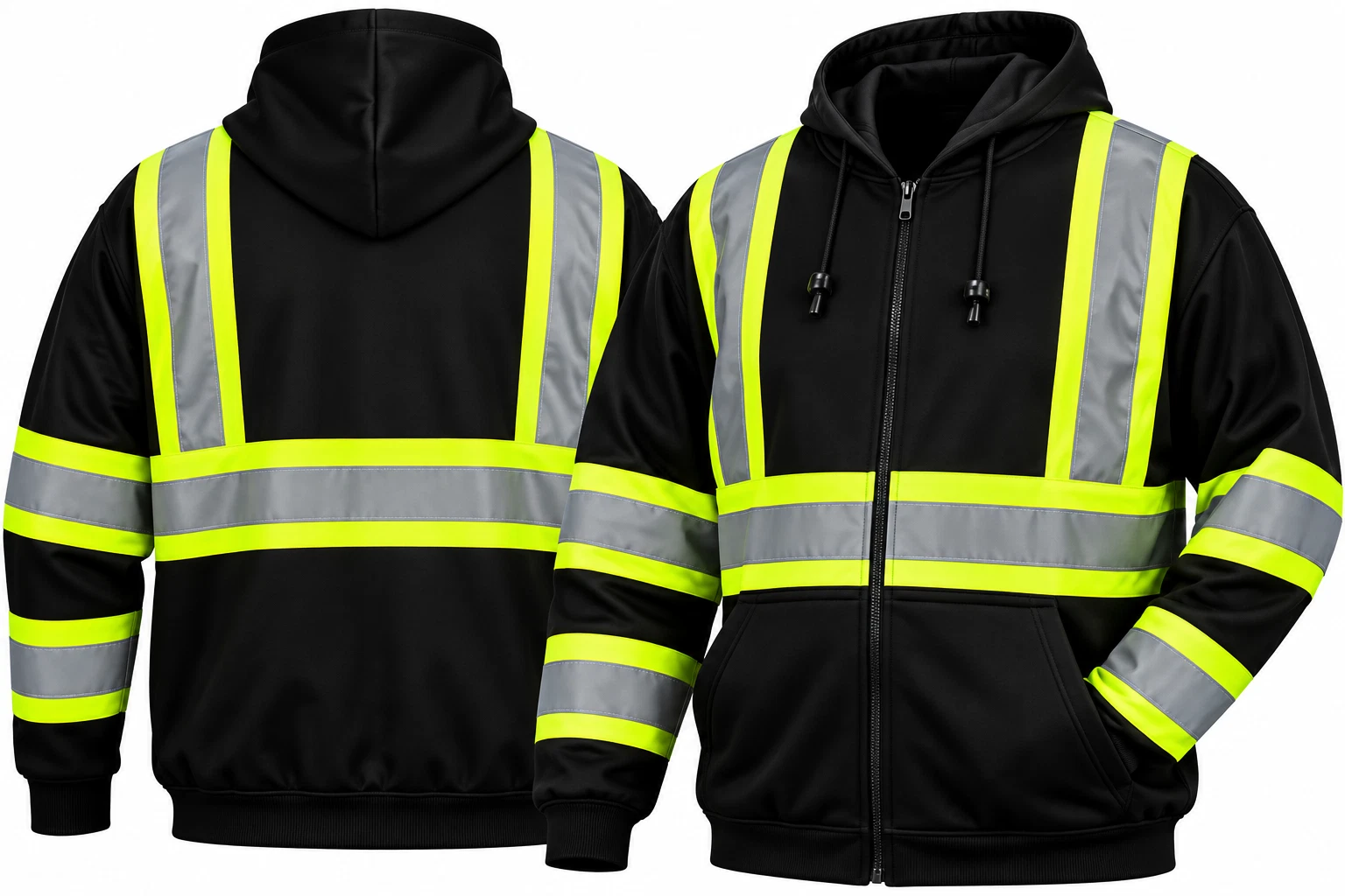RSZH3411 Black Hi Vis Reflective Road Work Full Zip Up Hooded Fleece Sweatshirt - product detail image 1
