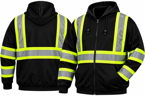 RSZH3411 Black  Hi Vis Reflective Road Work Full Zip Up Hooded Fleece Sweatshirt - product listing photo