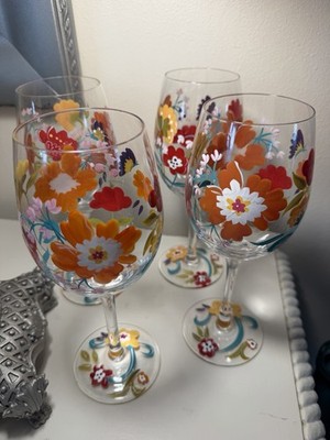 Pier 1  Spring Floral hand-painted mouth-blown wine/water goblets (set Of 4)