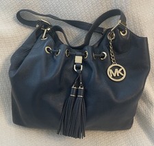 MICHAEL KORS Navy Blue Leather Tassel Draw Hobo Shoulder Bag Purse-NICE