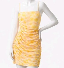 Oh Polly Yellow Floral Mesh Bodycon Mini Dress UK 8 10 Holiday Party