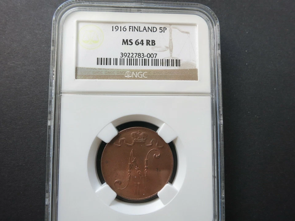 FINLAND RUSSIA 5 Pennia 1916 NGC MS 64 RB Red UNC Bronze Baltic Tsar Nicholas - Image 3 of 4