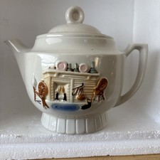 Vintage Porcelier China Teapot with Raised Hearth Scene Made in the USA