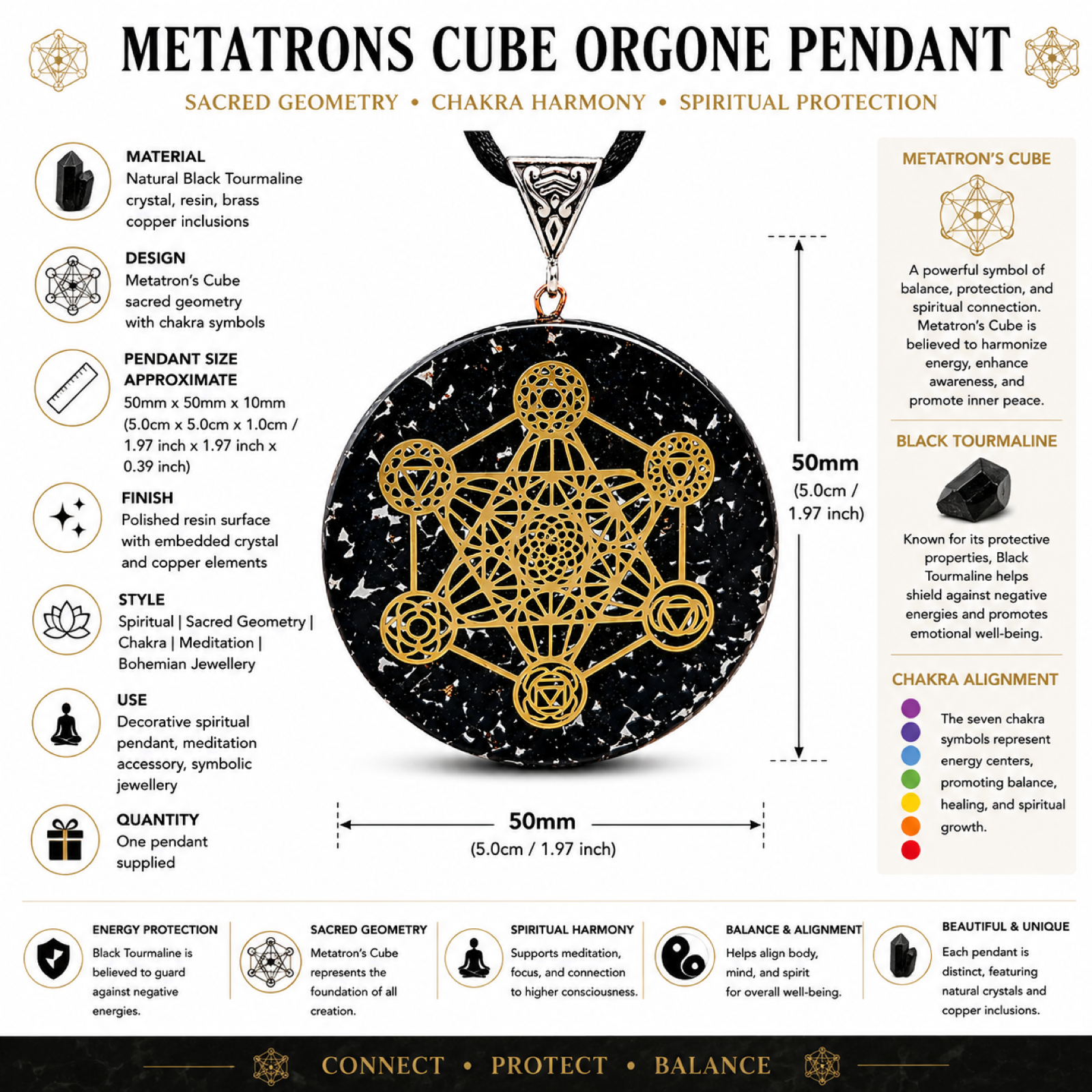 Black Tourmaline Orgone Pendant Metatron Cube Chakra Sacred Geometry Necklace