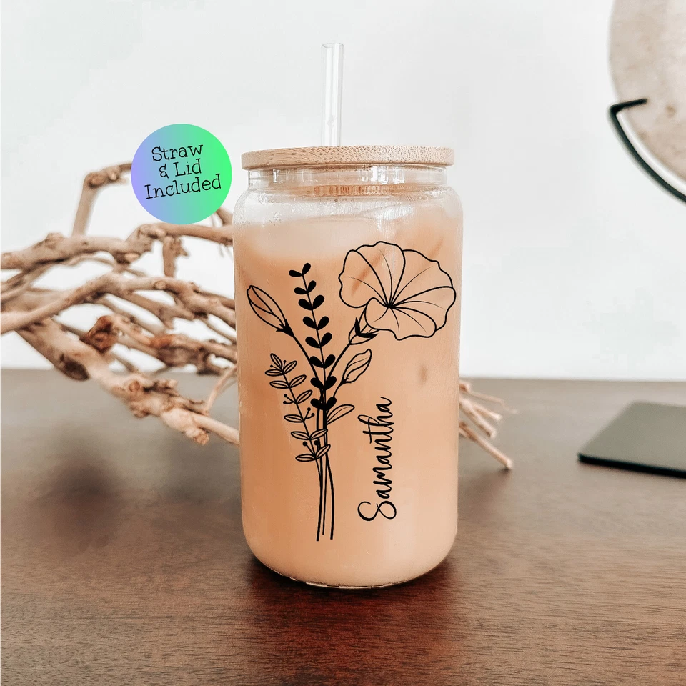 Personalized Iced Coffee Cup With Birth Flower And Name Straw And Lid Included - Image 4 of 4