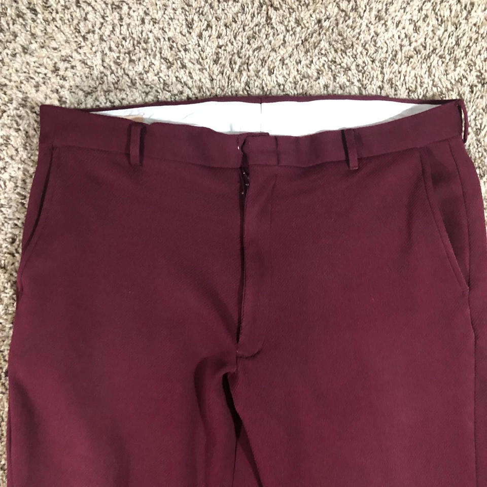 复古 70 年代 Haband Maroon 红色男式 38x28 码裤子涤纶长裤迪斯科 — 第 3/4 张图片