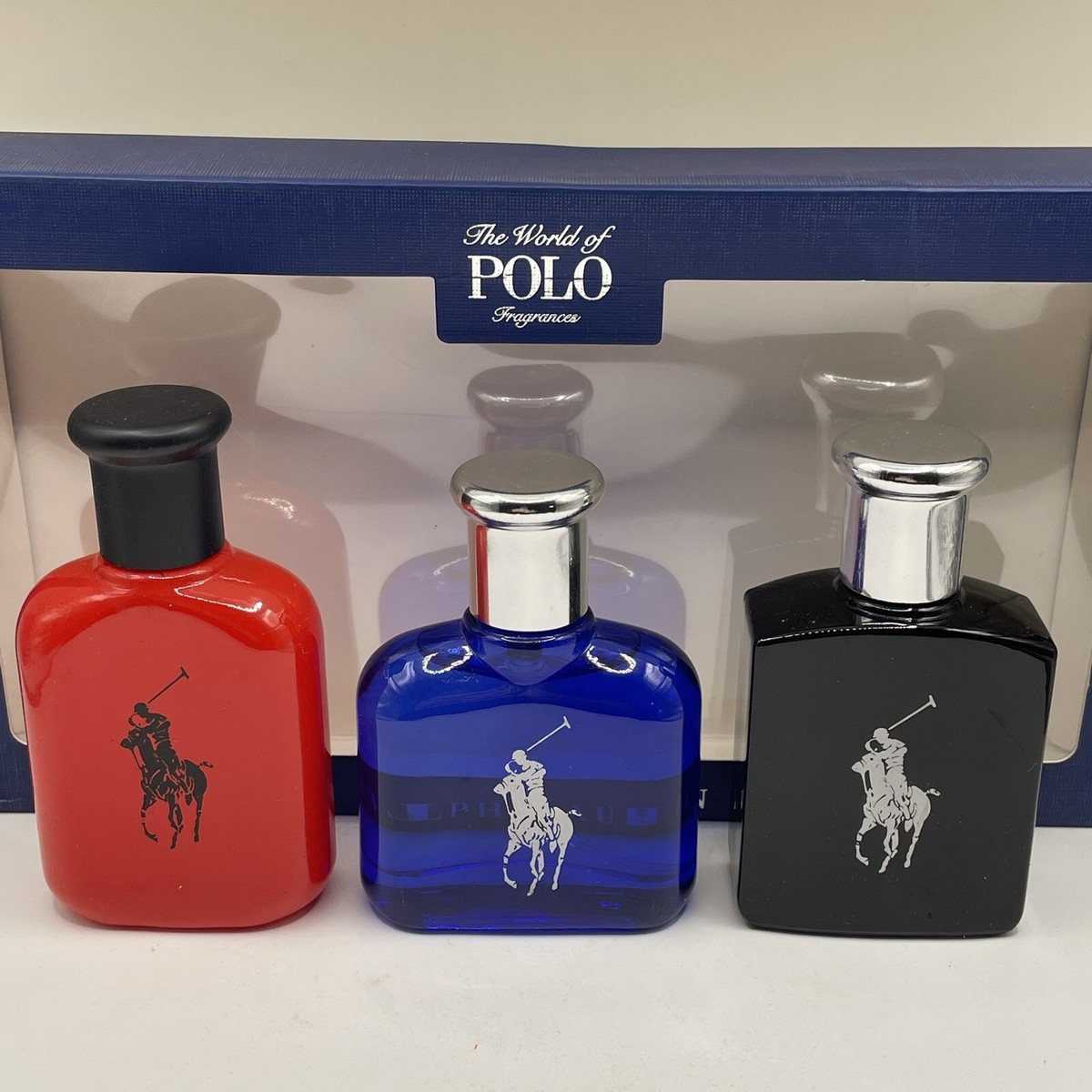 POLO By Ralph Lauren 3 Pc Set 1 oz 30 ml Polo Red + Blue + Black