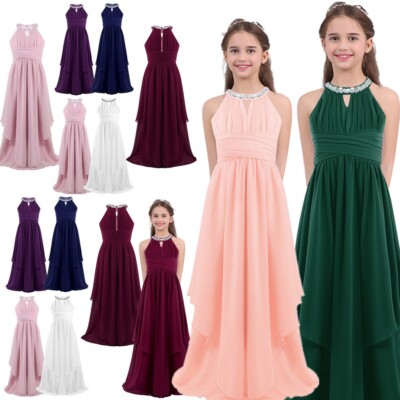 Kid Girl Halter-Neck Chiffon Bridesmaid Dress Wedding Prom Evening Long  Gown | eBay