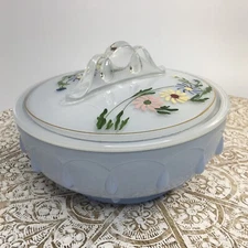 Vanity Powder Trinket Dish Glass Covered Hand Painted Art Nouveau Floral Blue