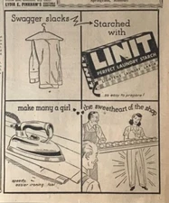 1944 newpaper ad for Linit starch - starch Swagger slacks for working girl