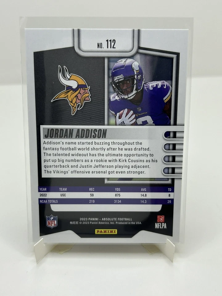 2023 Panini Absolute Jordan Addison Blue Foil Rookie #112 Minnesota Vikings - Image 2 of 2