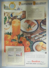 Sunkist California Oranges Ad: Plantation Breakfast ! 1940's Size: 11 x 15 inch