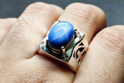 Natural 8 Carat Blue Sapphire Star Sterling Silver 925 Handmade Men Lattice Ring - Picture 6 of 12