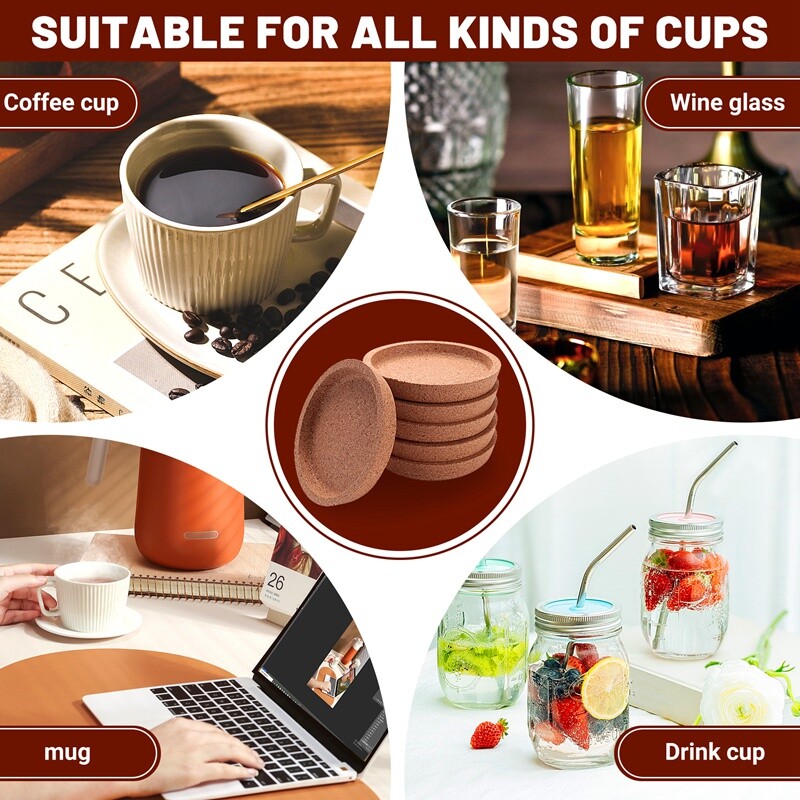 6 Pack Cork Coasters, 4 Inch Absorbent Heat Resistant Round Cork