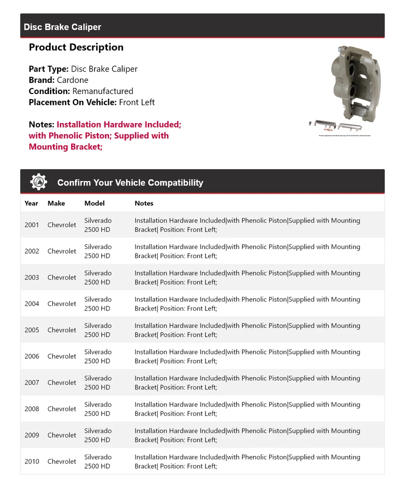 Pinza de freno de disco delantera izquierda cardone para Chevrolet Silverado 2500 HD 2001-2010 Foto 2 de 4