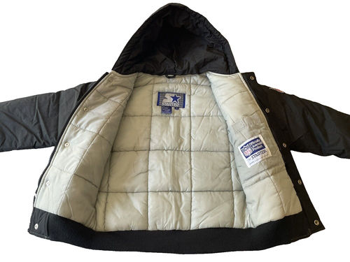 1990s OAKLAND RAIDERS STARTER PARKA JACKET YOUTH MEDIUM BACK SPELL OUT DEADSTOCK - Picture 3 of 16