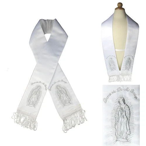 White Satin Stole Sash Baptism Christening Embroidered Virgin Mar Gyold Silver