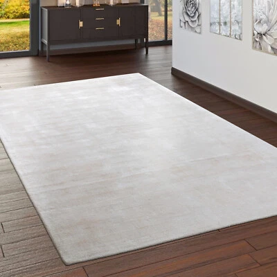 Teppich Handgefertigt Hochwertig 100 % Viskose Vintage Aufällig Meliert In Creme - Bild 1 von 4