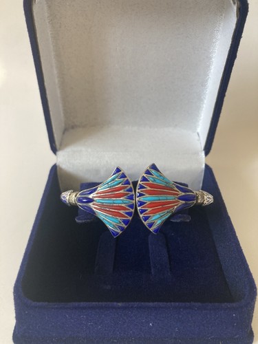 Egyptian Silver Lapis Turquois Coral Double Lotus Pharaonic Bracelet Bangle Cuff - Picture 3 of 15