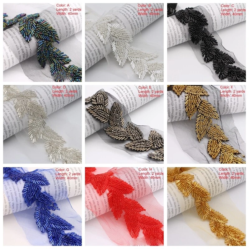 2 Yards Beaded Leaf Ribbon Lace Trim Edging Fringe Applique Sewing Wedding Craft - image 2 of 4