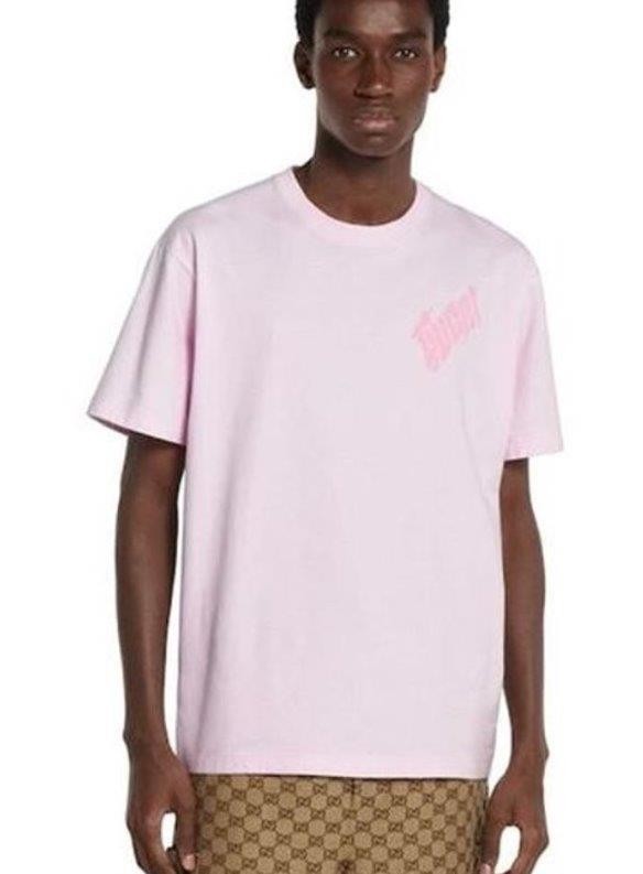 NEW GUCCI MEN'S PINK PRINTED LOGO JERSEY COTTON LOGO T-SHIRT SHIRT