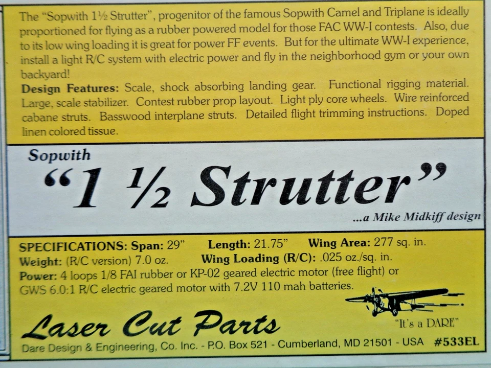 Dare Design "Sopwith 1-1/2 Strutter" R/C Balsa Airplane Kit, 29"WS, New Open Box - Image 2 of 4