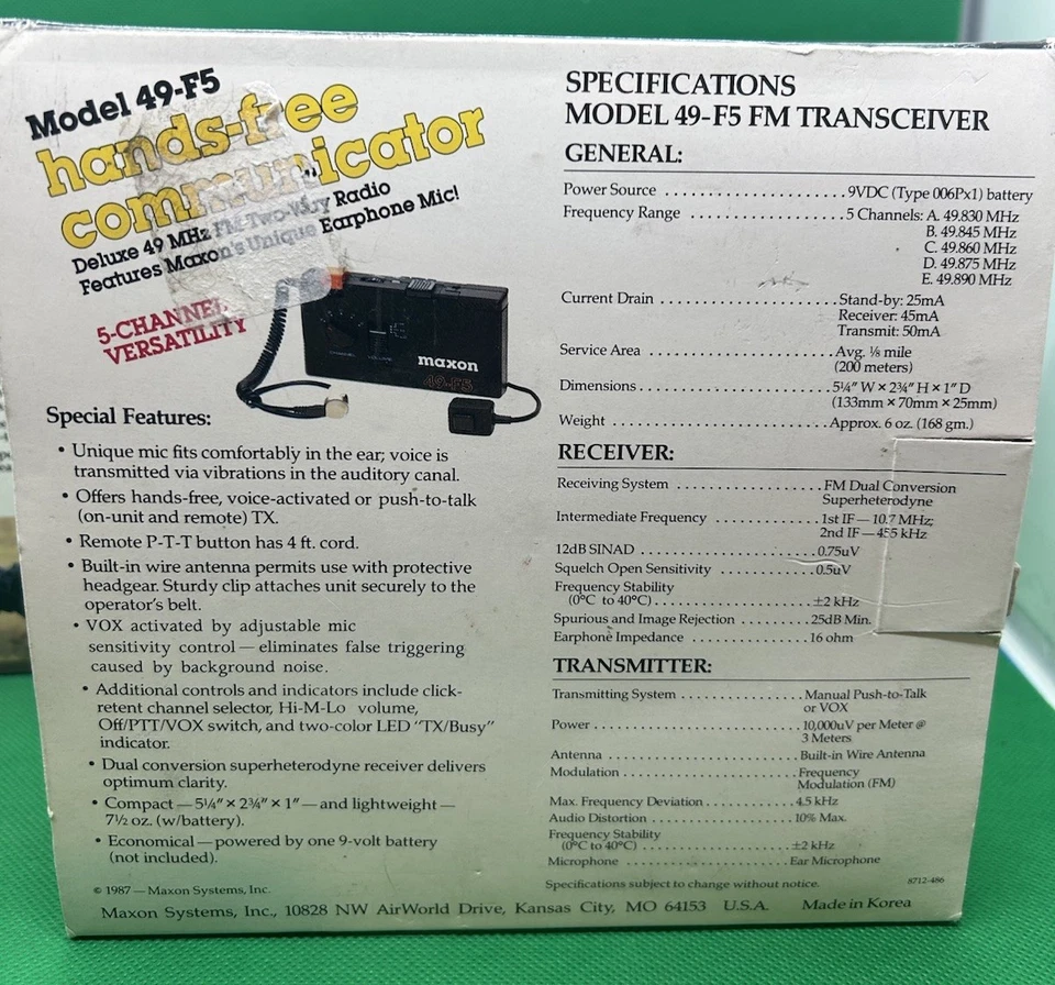 Maxon 49-F5 Hands Free Communicator Deluxe 5 Channel FM 2-Way Radio Pair - Black - Image 4 of 4