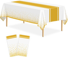 2 Pack White and Gold Tablecloth Party Decorations Plastic White Tablecloth Prin