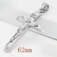 Men's Stainless Steel,Silver JESUS CROSS 62mm Pendant High Polish Unisex Box