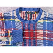 Polo Ralph Lauren Mens Blue Plaid Cotton Knit Crewneck Sweater Small SP
