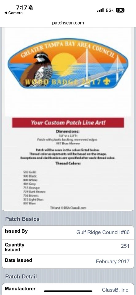 Juego completo de parches de insignias de madera del Consejo del Área de la Bahía del Gran Tampa 2017-2020, 8 CSP en total Foto 2 de 2