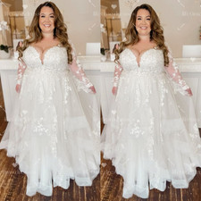 Plus Size Wedding Dresses Dreamy Elegant Lace V Neck Long Sleeves Bridal Gowns
