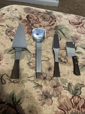 Burnco Hostess Serving Set Mid Century Modern MCM Stainless Wood Handles 4 Pc  