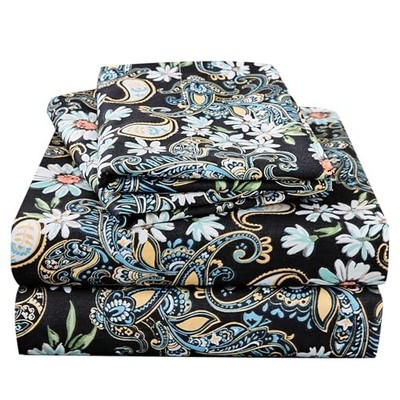 JSD Black Paisley Floral Printed Queen Sheet Set Extra Deep Pocket | 4 Piece