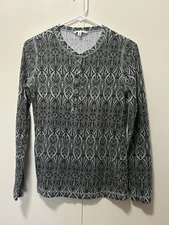 Cabi Tee Top Women Medium Long Sleeve Geometric Print Green Dark Gray - M