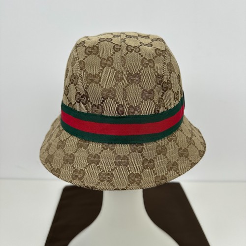 Gucci GG Monogram Logo Web Stripe Cotton Canvas Bucket Hat Cap Head Beige Size S - Picture 4 of 9