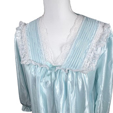 Vtg Stardust Blue Satin Lace Trim Long Sleeve Nightgown Sz M Coquette Bow Cottag