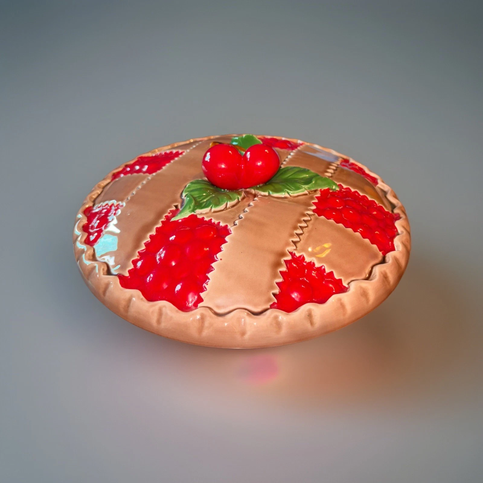 Vintage Ceramic Cherry Pie Keeper With Cover Granny Core Country Kitchen 11.25”