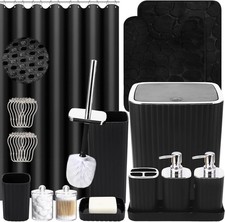 Bathroom Set W/ Shower Curtain  Rugs 25PC Bathroom Accessory Set Black