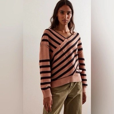 Free People We The Free Crossroads Pullover Streifen V-Ausschnitt Khaki Schwarz Kombi XS