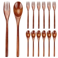 12 Pieces Wooden Forks and Spoons for Eating Utensil Set Lunch Wooden Cutlery...