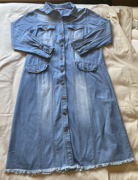 Kale Generation Denim Maxi Dress 1X Women’s Long Sleeve Button Down Frayed Hem
