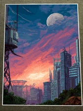 Cyberpunk Futuristic Cityscape with Moon and Sunset Poster 18x24in